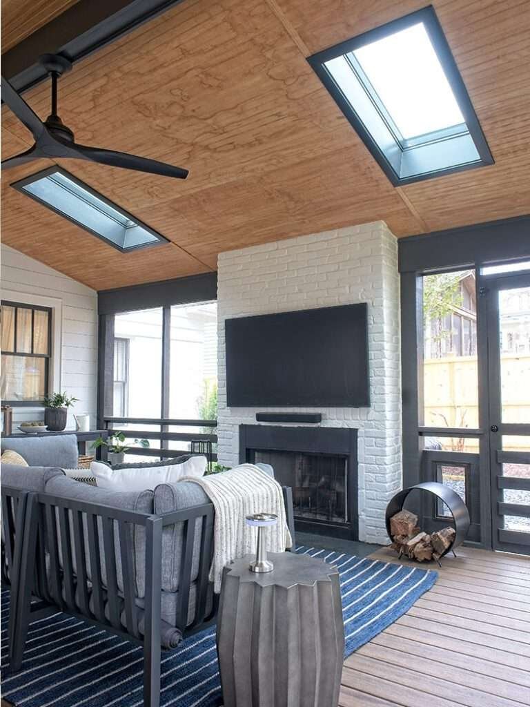 Atlanta’s Top Interior Designer Kings Highway Residence Project Screened In Porch Lounge Fireplace